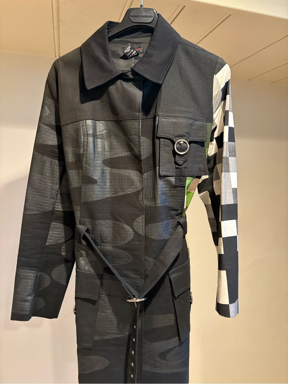 Black Trench Coat with Checkerboard Sleeve and Ring Pocket Detail